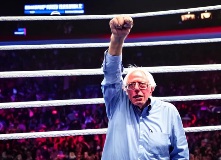 Image similar to photo still of bernie sanders in the ring at wwe wrestlemania 3 6!!!!!!!! at age 7 8 years old 7 8 years of age!!!!!!! posing on top turn buckle, 8 k, 8 5 mm f 1. 8, studio lighting, rim light, right side key light