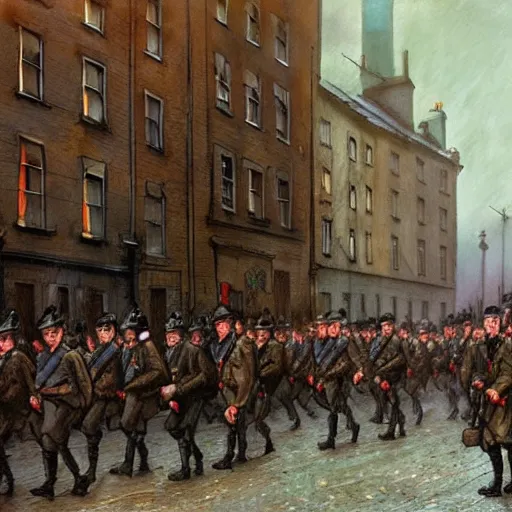 Prompt: Irish soldiers marching down the street in Dublin in 1916, by Marc Simonetti