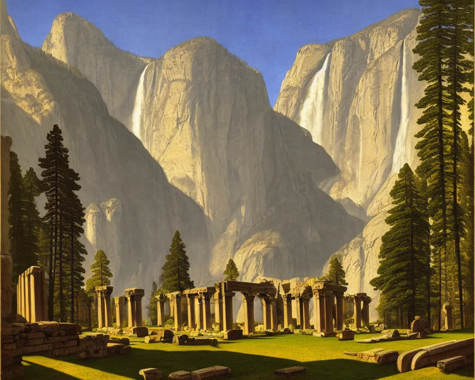 Image similar to an achingly beautiful print of roman ruins in the middle of Yosemite valley by Raphael, Hopper, and Rene Magritte. detailed, romantic, enchanting, trending on artstation.