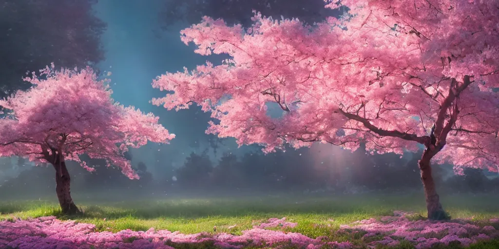 Image similar to a sakura tree, detailed oil painting, cinematic angle, hyperrealistic, breathtaking, volumetric lighting, cinematic lighting, dynamic, Studio Ghibli, digital art, octane render, epic composition, trending on artstation, masterpiece