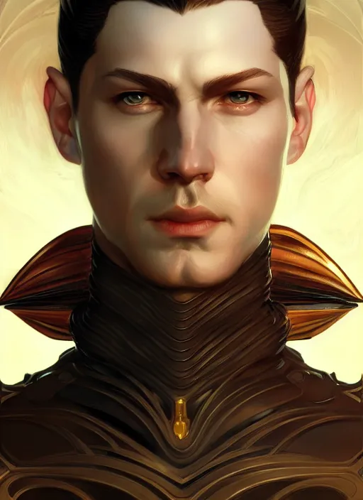 Image similar to Android Lucifer morningstar, slight smile, highly detailed, digital painting, artstation, concept art, sharp focus, illustration, art by wlop and J. C. Leyendecker and Edmund Bliar Leighton and Charlie Bowater