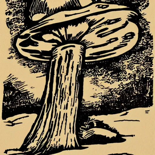 Prompt: the mushroom brothers woodcut