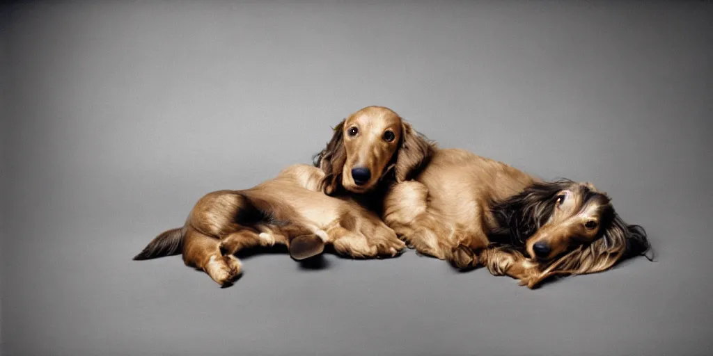 Prompt: A longhaired dachshund sleeps on a sausage in zero gravity, by Salvador Dalí, studio lighting, harmony color, Leica M6, 85 mm