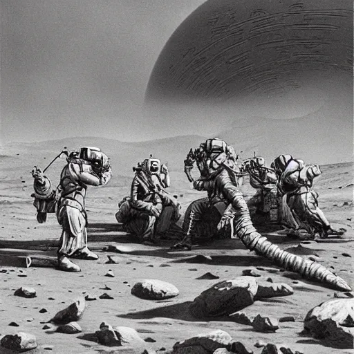 Image similar to soldiers discovering an alien base on mars, 1 9 2 0's sci - fi, deep aesthetic colors, 8 k, highly ornate intricate details, extreme detail,
