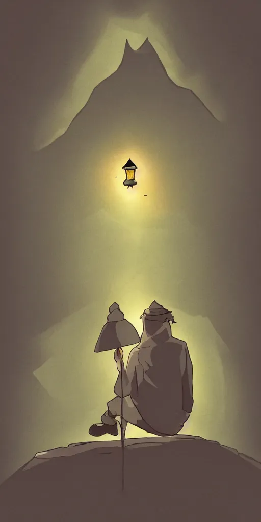 Image similar to a hermit on a mountain with a lamp darkness all around except for the lamp drawn like Watamote anime, fr, tarot card The hermit, minimalistic