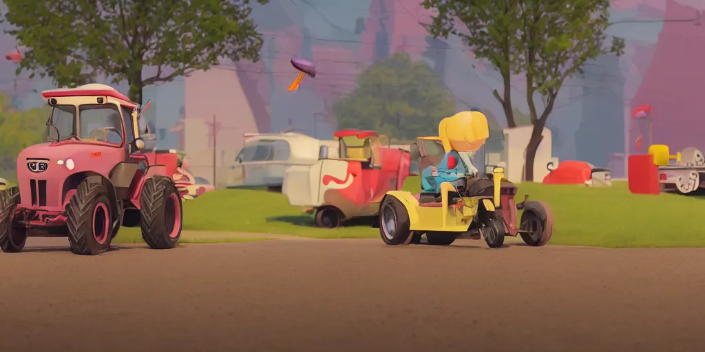 Prompt: tina belcher, cute cartoon little tractor pulling away the russian tank, cinematic, goro fujita, chiho aoshima, beeple, trending on artstation, highly detailed, scene from a movie, soft lighting, 8 k