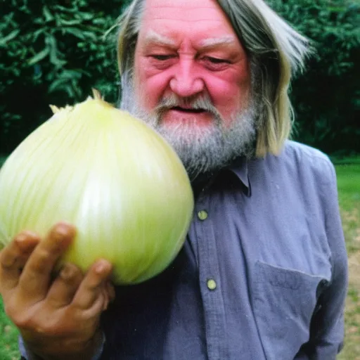 Image similar to robert wyatt holding a great big onion