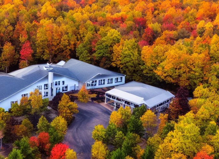 Image similar to low drone shot of a beautiful ranch style School campus in the middle of the Woods during autumn