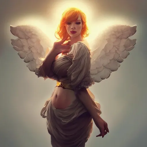 Prompt: Portrait of a Christina Hendricks with angel wings, and a glowing halo, white lighting, digital art by Ruan Jia and Mandy Jurgens and Artgerm, highly detailed, trending on artstation, award winning,