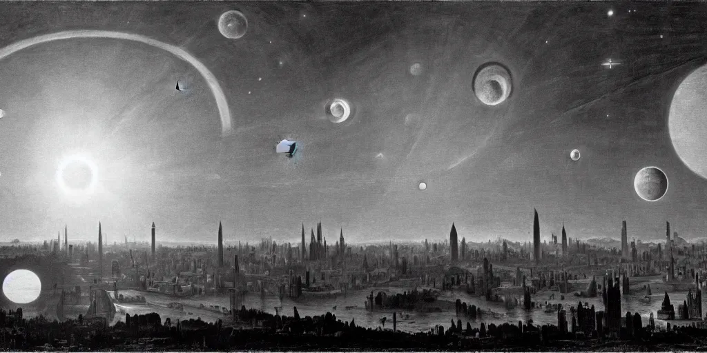 Prompt: planetary city, 2 suns on the horizon by ansel adams and bernardo bellotto