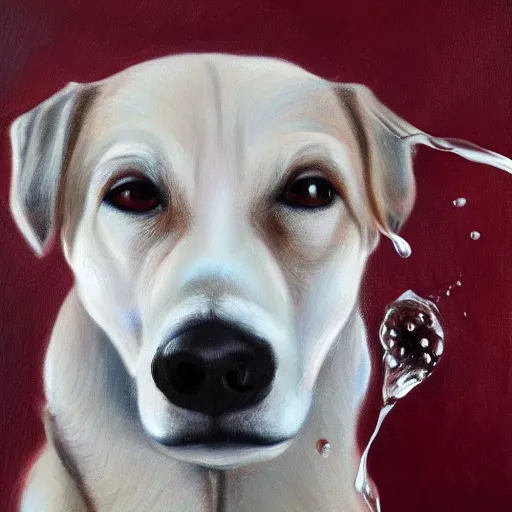 Image similar to drops of ice cream dripping from the top of the nose of a dog, highly realistic photography, high quality, artstation, oil painting