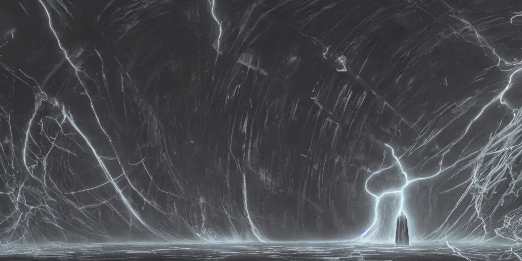 Prompt: maelstrom, gehenna, chaos, the world without form and void, wide shot of a dark sith lord in a robe with electricity, amazing concept painting by Jessica Rossier and HR giger and Beksinski, 1970s film by Stanley Kubrick, iconic scene, stunning cinematography, hyper detailed, sharp, anamorphic lenses, kodak color, 4k, stunning concept art