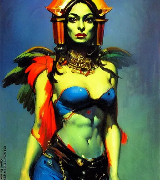 Image similar to portrait of junoesque iranian female chaos angel, beautiful! coherent! by frank frazetta, by brom, strong line, vivid neon color, shining metal power armor, iron helm, high contrast, maximalist