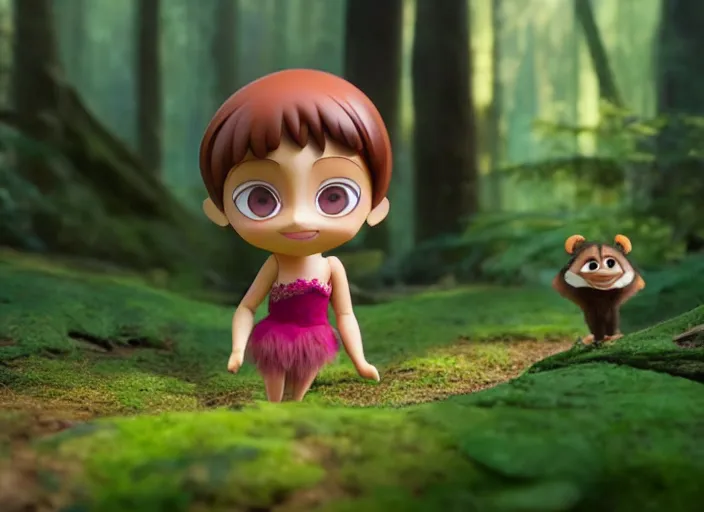 Prompt: prima ballerina as nendoroid walking in a forest in the croods movie style, anime, disney, pixar, 8 k, hd, dof, kodak film, volumetric lighting, subsurface scattering, photorealistic, octane render, details