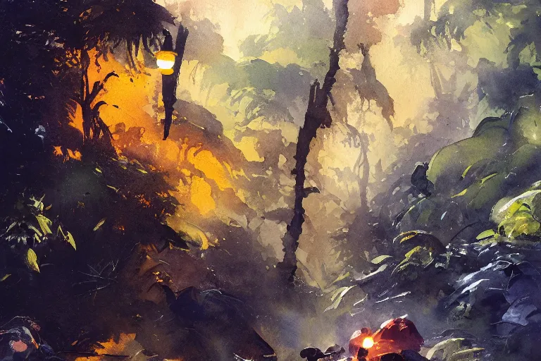 Image similar to small centered on watercolor paper, paint brush strokes, abstract watercolor painting of nightfall over jungle nature, cinematic light, national romanticism by hans dahl, by jesper ejsing, by anders zorn, by greg rutkowski, by greg manchess, by tyler edlin