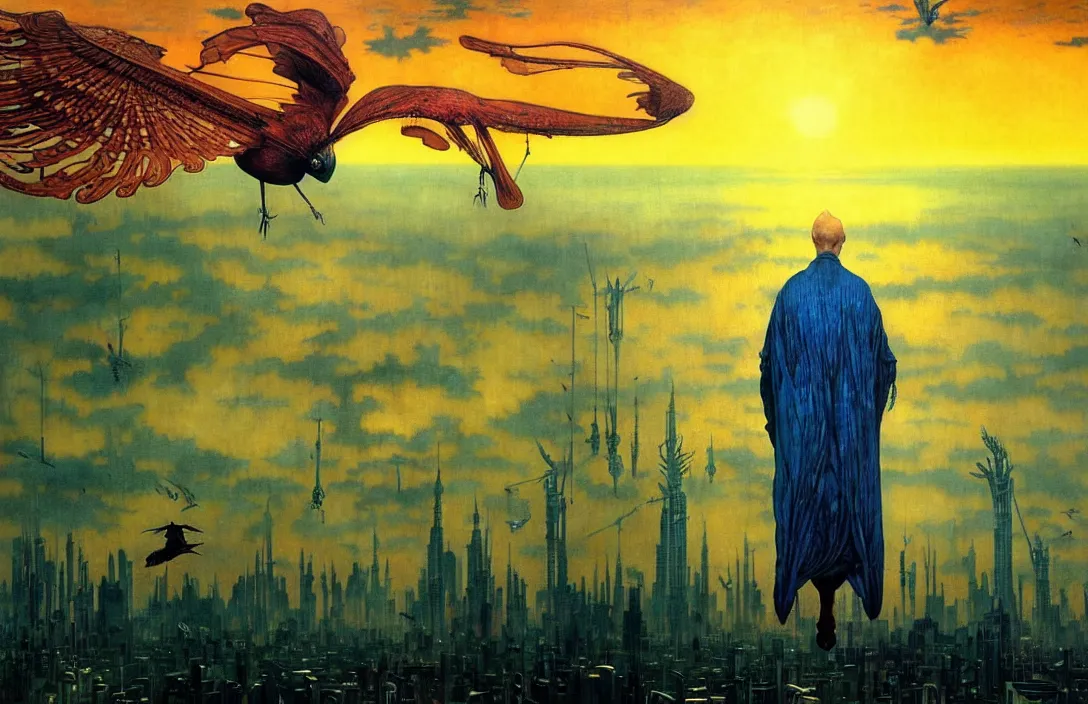 Image similar to realistic detailed portrait movie shot of a birdman flying in dark ragged robes, futuristic city sunset landscape background by denis villeneuve, amano, yves tanguy, alphonse mucha, ernst haeckel, max ernst, wayne barlowe, masterpiece, rich moody colours, bird head, blue eyes, hyperdetailed