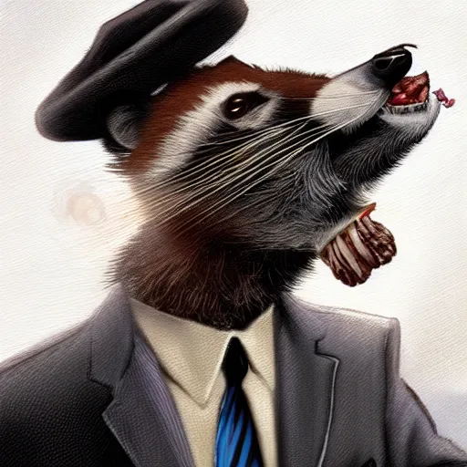 Image similar to a racoon wearing a suit smoking a cigar on his mouth, dramatic lighting, cinematic, establishing shot, extremly high detail, photorealistic, cinematic lighting, artstation, style by James Gurney