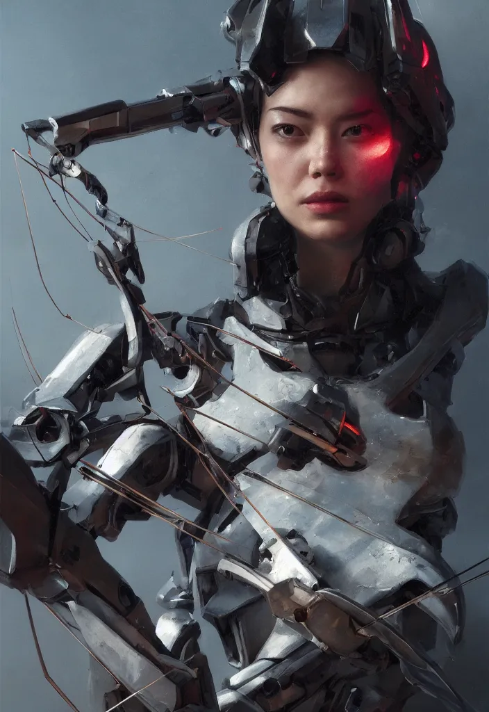 Image similar to a close up portrait of a robot with a bow and arrow by greg rutkowski, sung choi, mitchell mohrhauser, maciej kuciara, johnson ting, maxim verehin, peter konig, 8 k photorealistic, cinematic lighting, hd, high details, dramatic, dark atmosphere, trending on artstation