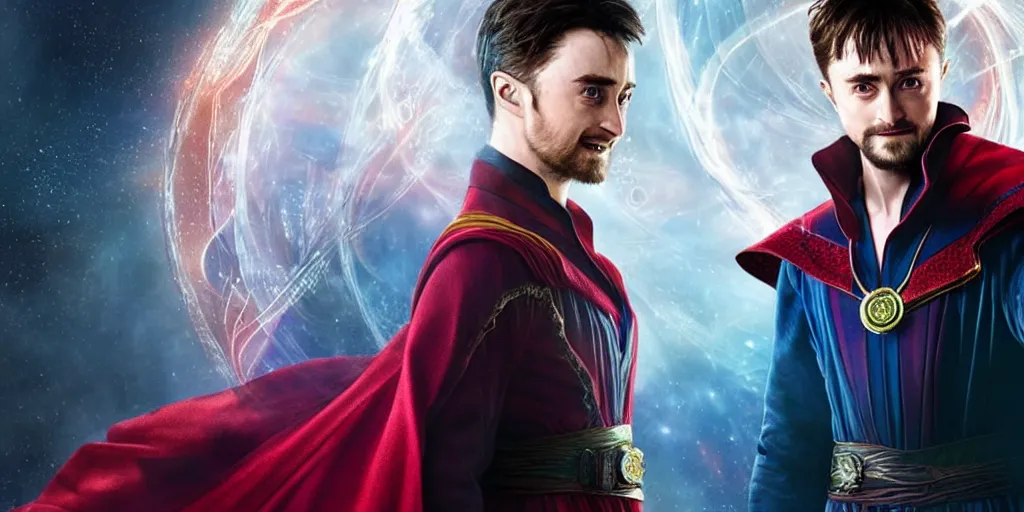 Prompt: photorealistic art of Daniel Radcliffe as Doctor Strange and Emma Watson as Scarlet Witch, dynamic lighting, space atmosphere, hyperrealism, stunning visuals