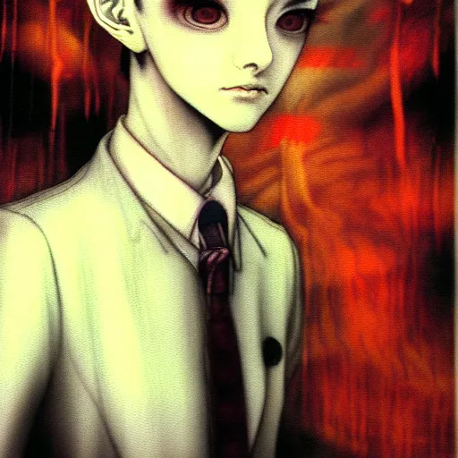 Image similar to yoshitaka amano blurred and dreamy realistic three quarter angle horror portrait of a sinister young woman with short hair and yellow eyes wearing office suit with tie, junji ito abstract patterns in the background, satoshi kon anime, noisy film grain effect, highly detailed, renaissance oil painting, weird portrait angle, blurred lost edges