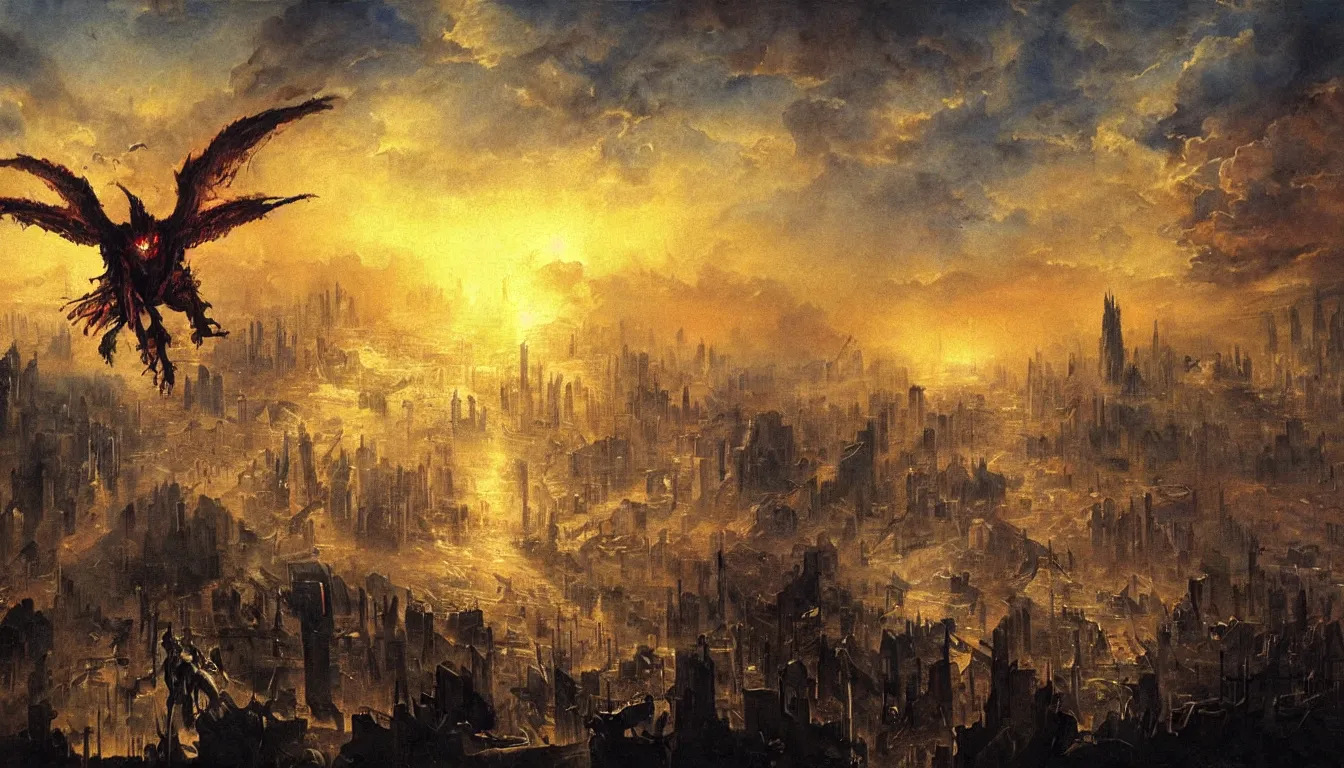 Prompt: apocalyptic painting of Satan descending from the sky over a cyberpunk metropolis, by John Martin, watercolour, soft light, high detail