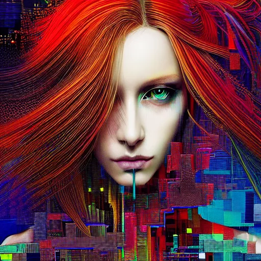 Prompt: hyperrealistic portrait of a mysterious cyberpunk woman with flowing hair, by WLOP, Johannes Itten, Russ Mills, beautiful, elusive, glitch art, hacking effects, glitch effects, digital tech effects, cybernetics, detailed lines, intricate detail, holographic, chromatic, clear, color blocking, acrylic on canvas, octane, concept art, abstract, red face, front view, 8k, trending on cgsociety, trending on artstation