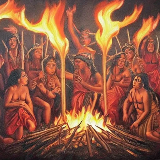 Prompt: reinassance painting of the whatsapp logo on fire with a group of indigens in a big bonfire. realistic. tribal. whatsapp logo on fire. style of veronese