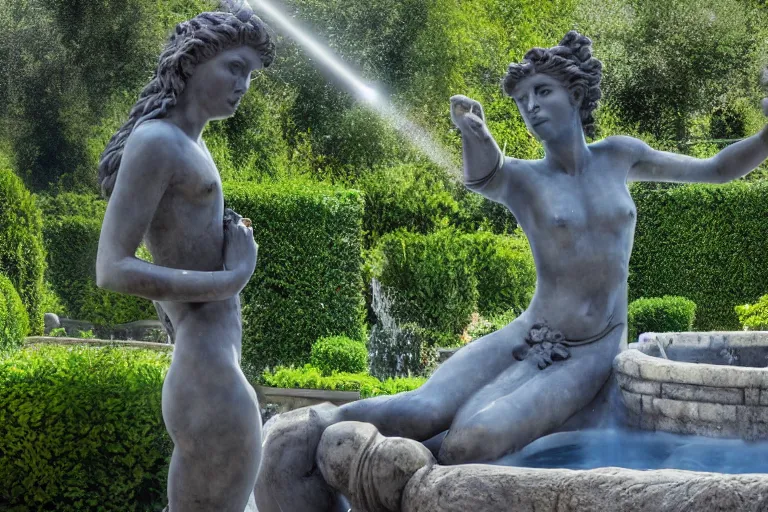 Image similar to photo of a beautiful greek statue in a garden surrounded by fountains, 4 k, hyper realistic, lens flare, octane render, hyper detailed, accurate proportions