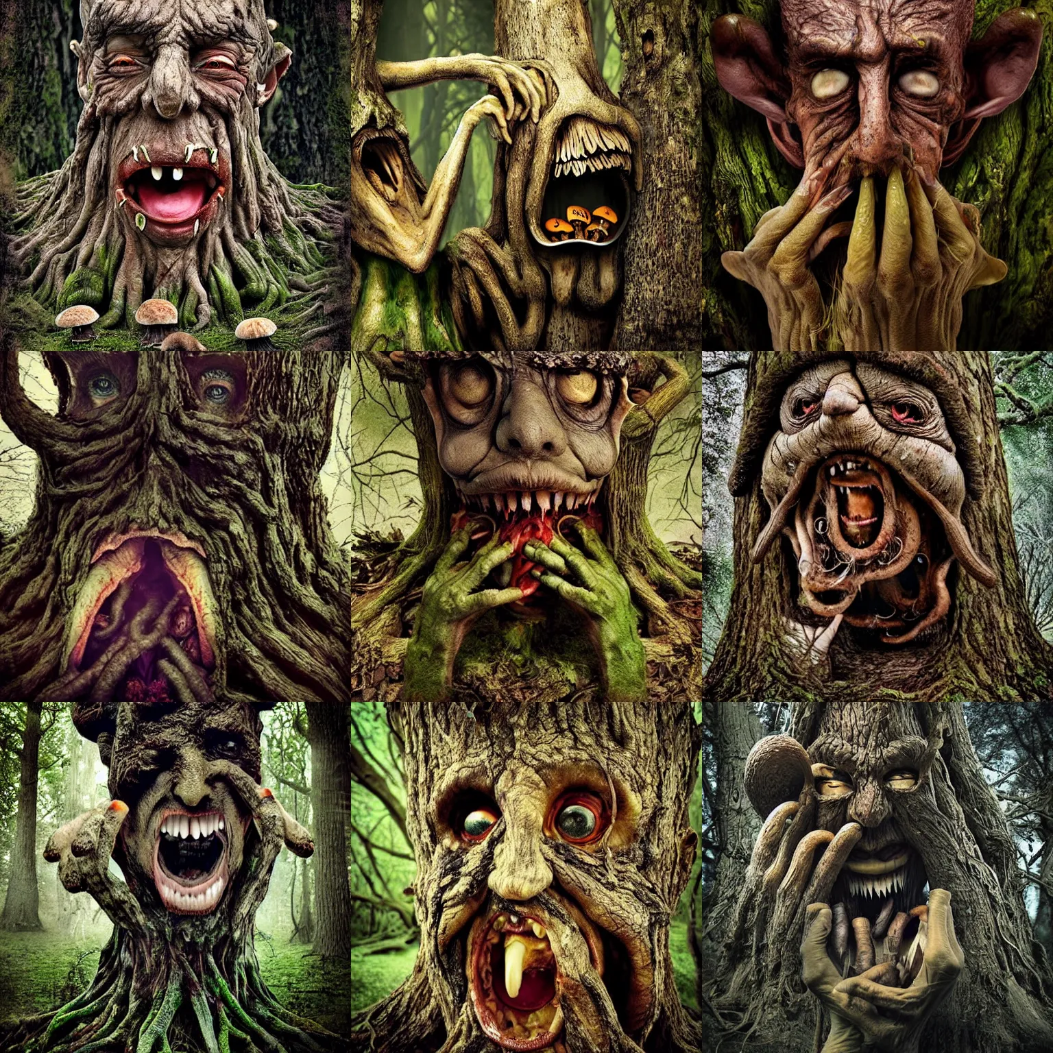 Prompt: creepy photograph of a hungry angry treebeard oak tree savagely stuffing crying scared mushrooms into his gaping maw 🍄, dark fantasy horror, tortured face made of wood, oak tree ent