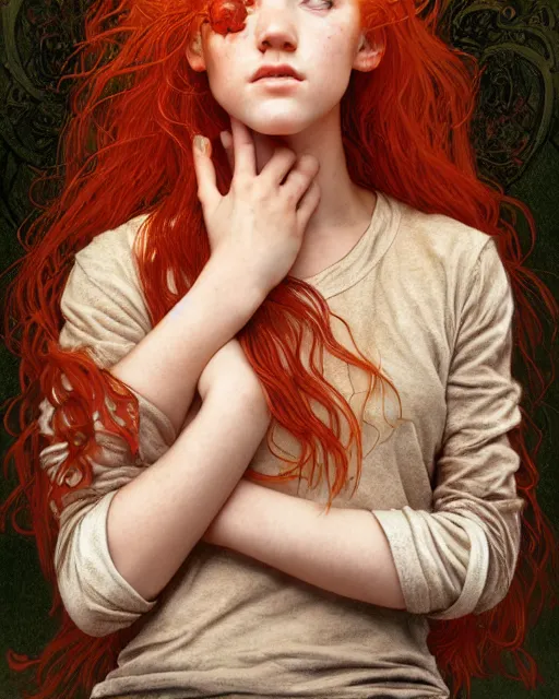 Image similar to portrait of 1 4 - year - old girl with flaming red hair, a lot of freckles, and bright brown eyes, wearing shirt, hyper realistic face, beautiful eyes, fantasy art, in the style of greg rutkowski, intricate, alphonse mucha, hyper detailed, smooth