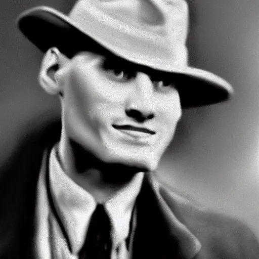 Image similar to A photograph portrait of Jerma985 wearing a suit with and fedora in the 1940s, taken in the early 1940s, grainy, taken on a 940s Kodak Camera, realistic, hyperrealistic, very realistic, highly detailed, very detailed, extremely detailed, detailed, digital art, trending on artstation