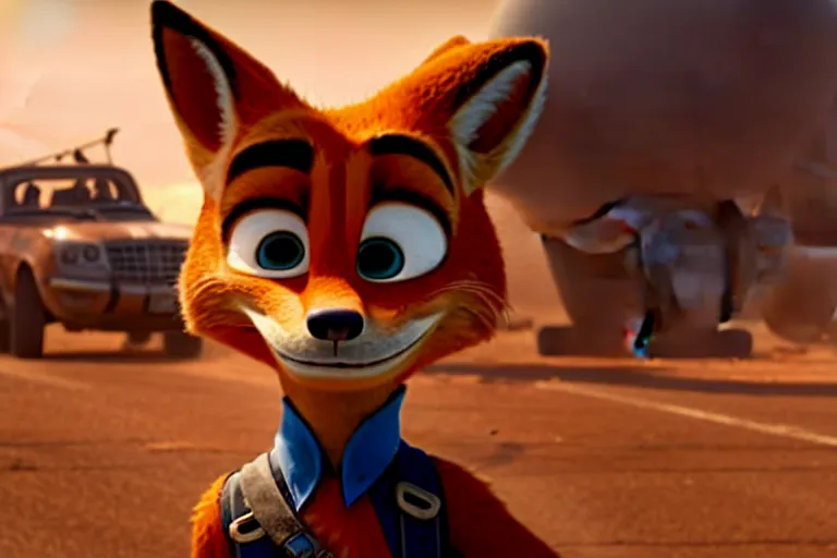 Image similar to nick wilde ( from zootopia ), heavily armed and armored facing down armageddon in a dark and gritty reboot from the makers of mad max : fury road : witness me