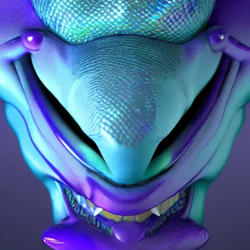 Prompt: 3 d fantasy sea serpent face close up iridescent purple blue green cycles render character concept 3 d render detailed