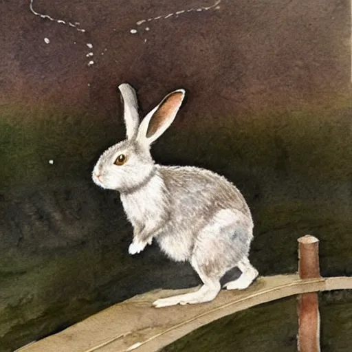 Image similar to a rabbit standing on a bridge, fishing, realistic watercolour