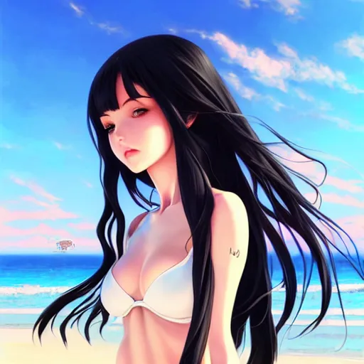 Image similar to beautiful girl with long black hair, on a beach, sunny, daytime, sharp focus, intricate, digital painting, artstation, official media, anime key visual, highly detailed, rich vivid colors, ambient lighting, illustration, art by Artgerm, Makoto Shinkai, Ilya Kuvshinov, Lois Van Baarle, and Rossdraws