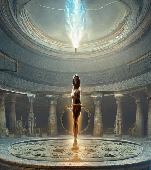 Image similar to fantasy movie scene greg rutkowski digital painting of an ornate and royal egyptian antechamber tomb, a circular pool with an erupting galaxy inside, unreal engine, hyper realism, realistic shading, ballerina, cinematic composition, blender render, octane render, hdr, detailed textures, photorealistic, ultrawide shot, 3 5 mm film