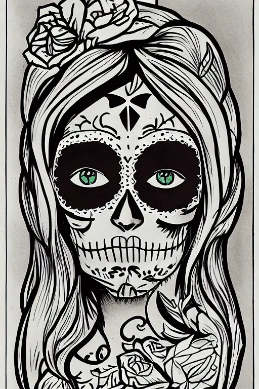 Image similar to illustration of a sugar skull day of the dead girl, art by man ray