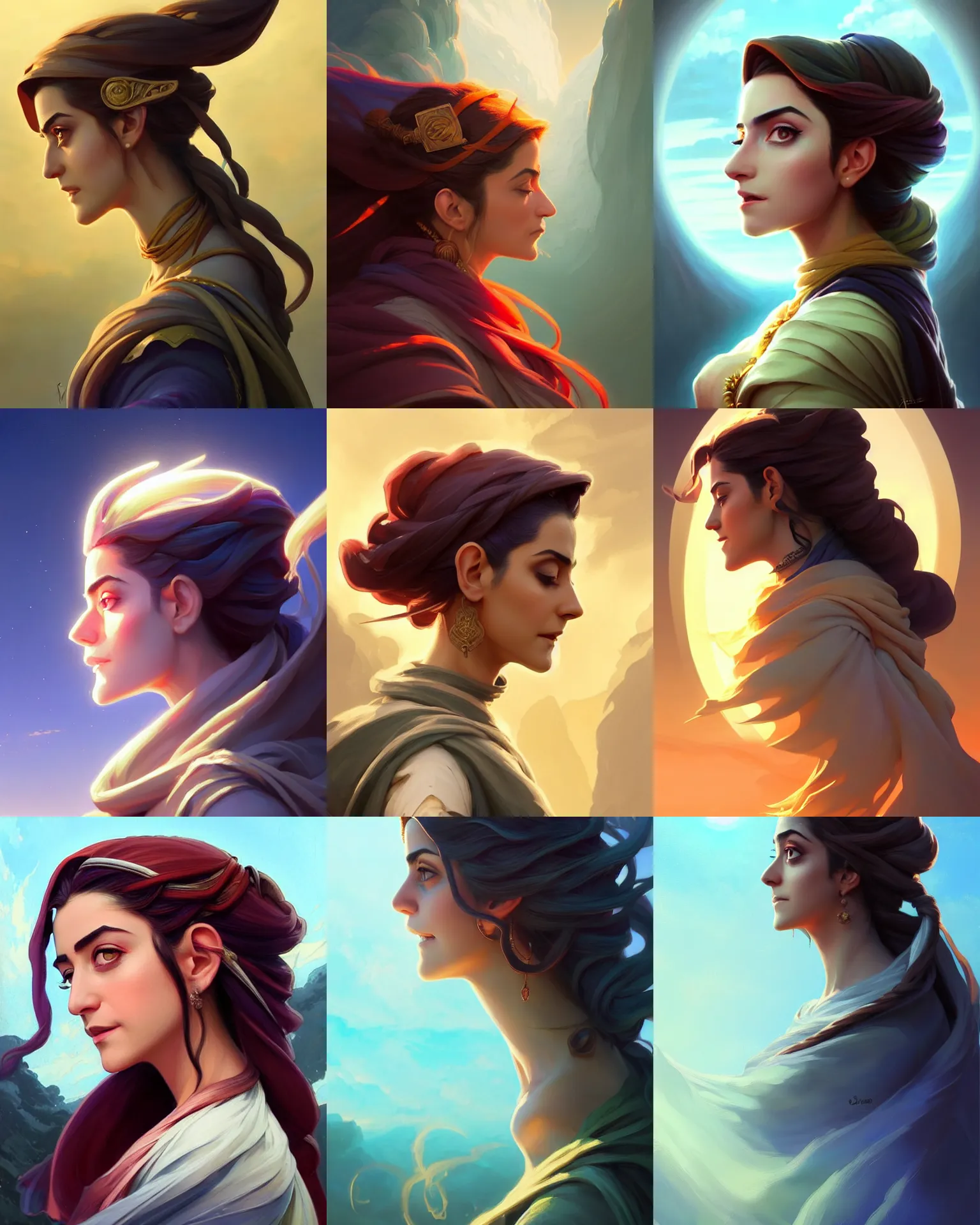 Prompt: side profile centered painted portrait, Maya Ali as a wind mage, only one head, Arcane, D&D, cell-shaded, matte painting concept art, beautifully backlit, official fanart, 4k, HDR, Trending on artstation, Behance, Art Nouveau, chromatic colours, by Jesper Ejsing and RHADS and Makoto Shinkai and Lois van baarle and ilya kuvshinov and rossdraws and Cushart Krentz and Gilleard James