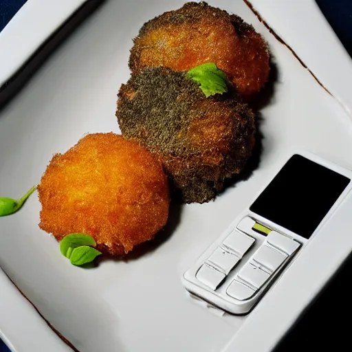 Prompt: deep fried cell phone on a platter, michelin star restaurant, award winning food photography, macro lens