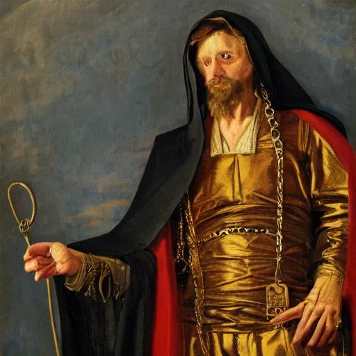 Image similar to a man wearing a long cloak and hood, holding golden chains, oil painting, portrait, high detail