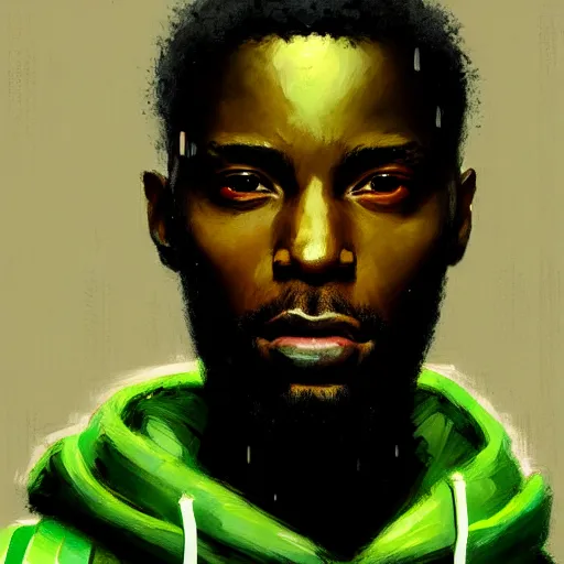 Prompt: portrait of a black man programmer with green hood by greg rutkowski, digital number in the background