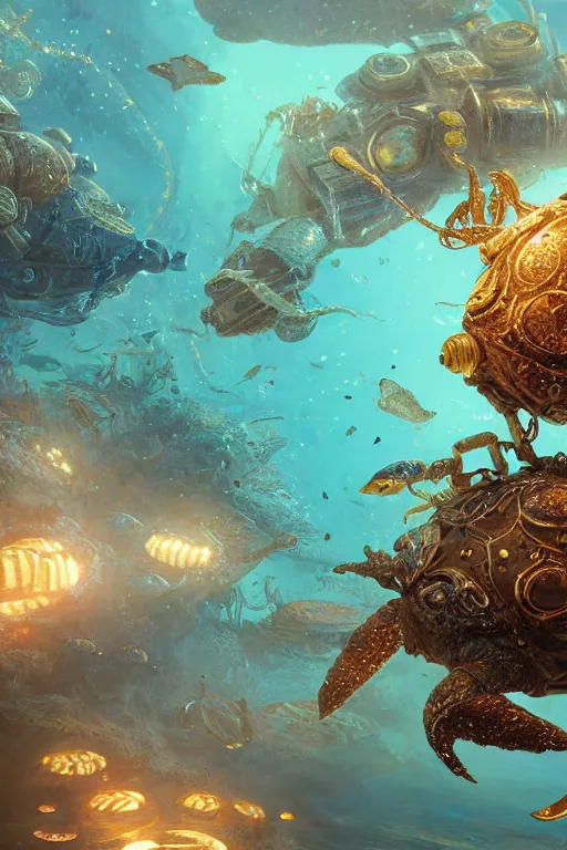 Prompt: beautiful painting of a caretta caretta wearing an armour of jewels and giant golden beetles in ocean coral reef, intricate details, realistic shaded , steampunk, highly detailed, artstation, illustration by Greg Rutkowski and Ruan Jia , octane render, dynamic light, volumetric light, neon lights, cinematic mood