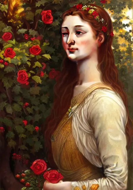 Image similar to portrait of sansa stark gold lights autumn berries roses, intricate, elegant, highly detailed, digital painting, artstation, concept art, smooth, sharp focus, illustration, art by artgerm and greg rutkowski and alphonse mucha and william - adolphe bouguereau