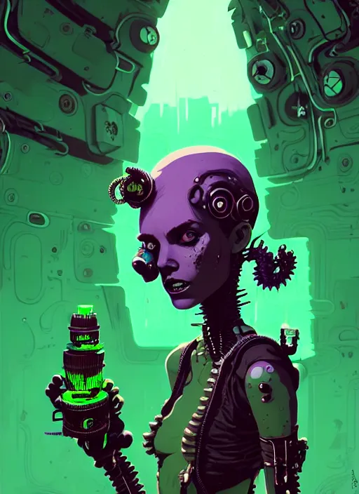 Image similar to highly detailed portrait of wasteland punk long dripping green poison hair tribal lady, stray wiring by atey ghailan, james gilleard, by joe fenton, by greg rutkowski, by greg tocchini, by kaethe butcher, 4 k resolution, gradient purple, brown and black and white color scheme!!! ( ( green flaming robotic sewer background ) )