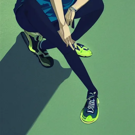 Image similar to shirt art, frame around picture, manga style, realistic lighting, futuristic solid colors, made by ilya kuvshinov, sold on sukebannyc, from arknights, female beach volley player, elegant, round eyes, sport clothing, sneaker shoes, simple green background