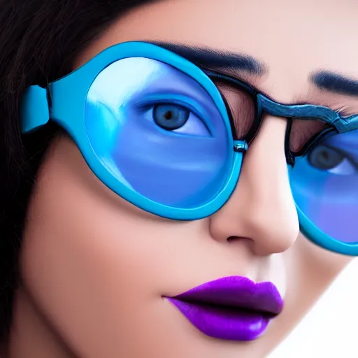 Image similar to closeup painting of a very beautiful young mexican cyberpunk woman with light blue shutter shades, one side haircut, long brown hair with light blue ends, purple leather jacket