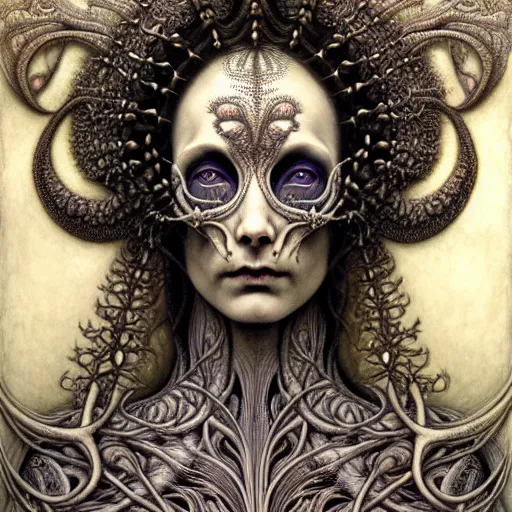 Image similar to detailed realistic beautiful calaveras death goddess face portrait by jean delville, gustave dore, iris van herpen and marco mazzoni, art forms of nature by ernst haeckel, art nouveau, symbolist, visionary, gothic, neo - gothic, pre - raphaelite, fractal lace, intricate alien botanical biodiversity, surreality, hyperdetailed ultrasharp