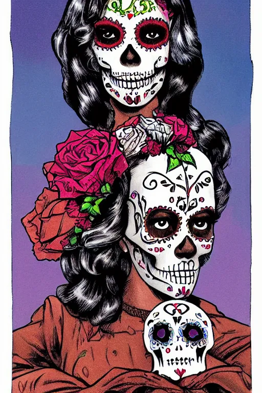 Prompt: illustration of a sugar skull day of the dead girl, art by richard corben