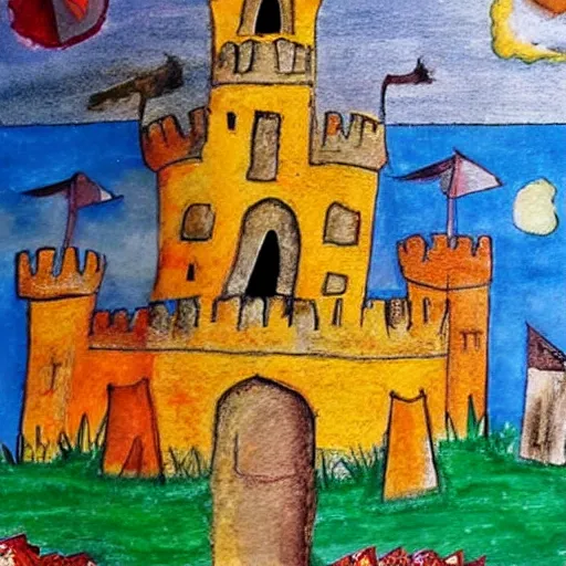 Image similar to children's art of a castle landscape, detailed