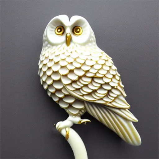 Image similar to gorgeous ornated snow white porcelain realistic detailed sacred owl wall decoration with golden filigree carved out of ivory